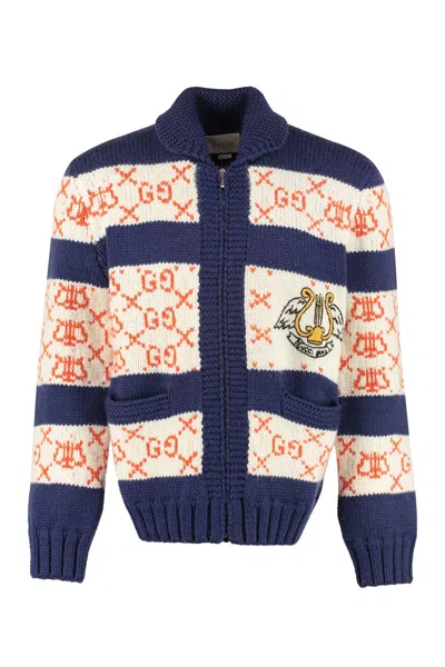 Gucci Embroidered Wool Cardigan In Blue
