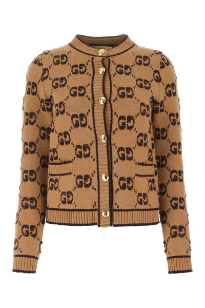 Gucci Embroidered Wool Cardigan In Brown