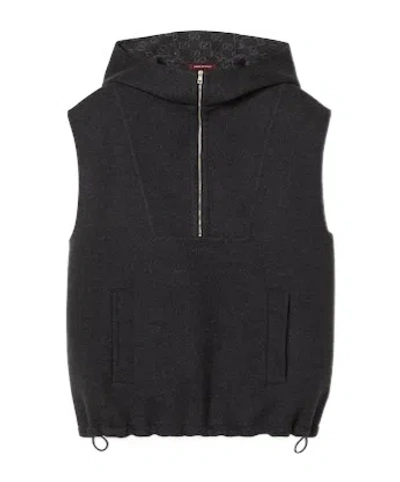 Gucci Embroidered Wool Silk Hooded Gilet In Dark Grey And Light Gray