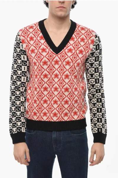 Gucci Embroidered Wool Sweater With V-neck In Red