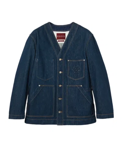 Gucci Embroidery Denim Jacket In Blue
