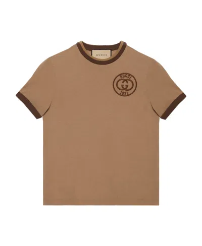 Gucci Embroidery Jersey T-shirt In Brown