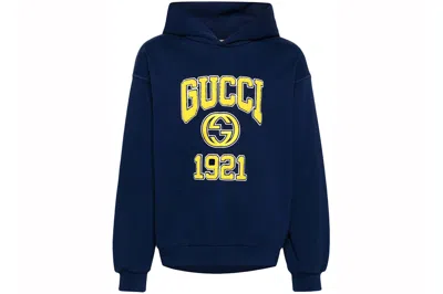 Pre-owned Gucci Embroidery Logo Hoodie Navy Blue