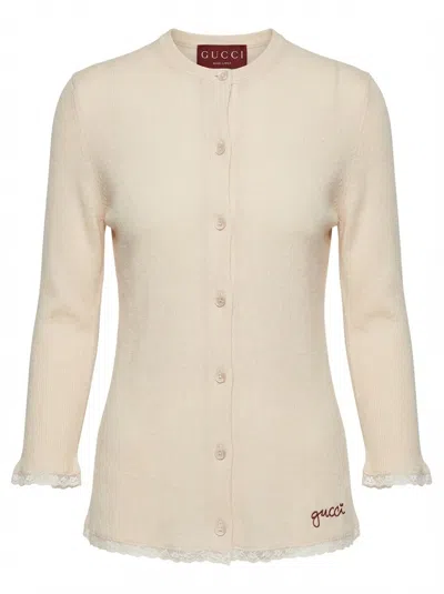 Gucci Embroidery Rib Cardigan In Neutral