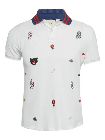 Pre-owned Gucci Embroidery Ribbed Collar Polo Shirt In White