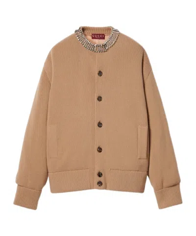 Gucci Embroidery Ribbed Wool Knitted Cardigan In Nude