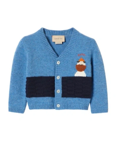 Gucci Embroidery Wool Knitted Cardigan In Blue