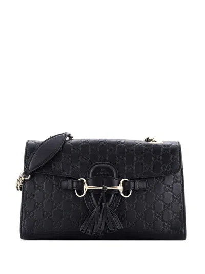 Pre-owned Gucci Emily Chain Flap Bag Ssima Leather Medium Shoulder Bag In Black
