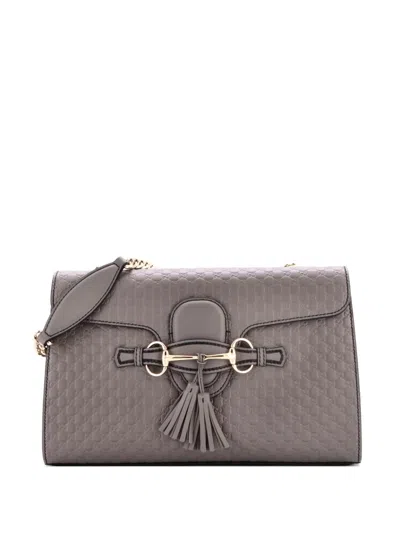 Pre-owned Gucci Emily Chain Flap Bag Microssima Leather Medium Shoulder Bag In Gray