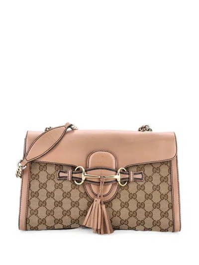 Pre-owned Gucci Emily Chain Flap Gg Canvas And Leather Medium Shoulder Bag In Brown