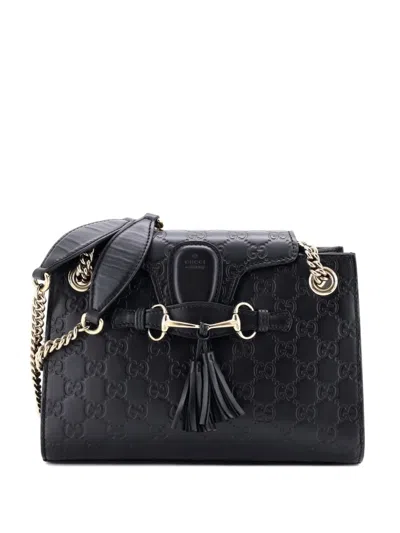 Pre-owned Gucci Emily Chain Flap Ssima Leather Small Shoulder Bag In Black