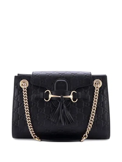 Pre-owned Gucci Emily Chain Flap Ssima Leather Small Shoulder Bag In Black