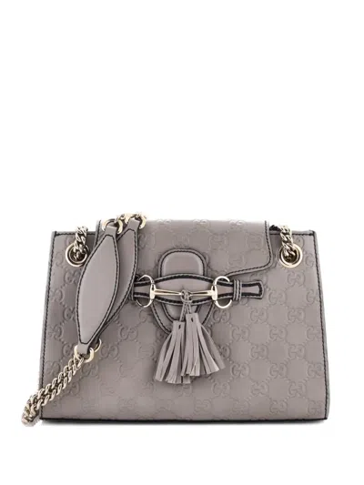 Pre-owned Gucci Emily Chain Flap Ssima Leather Small Shoulder Bag In Gray