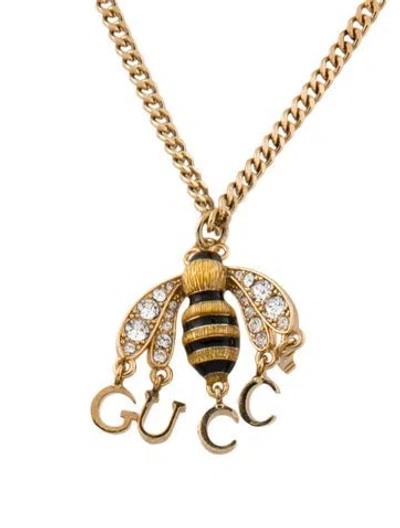 Pre-owned Gucci Enamel & Crystal Logo Bee Pendant Necklace, 19.75" In Multi