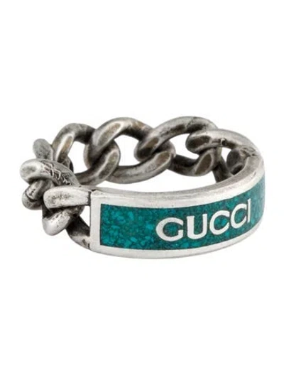 Pre-owned Gucci Enamel Chain Logo Ring In Green
