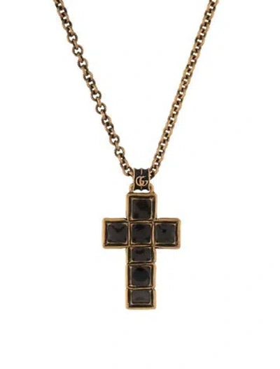 Pre-owned Gucci Enamel Cross Pendant Necklace, 23.75" In Black