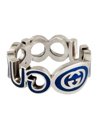 Pre-owned Gucci Enamel Cut-out Interlocking G Ring In Blue