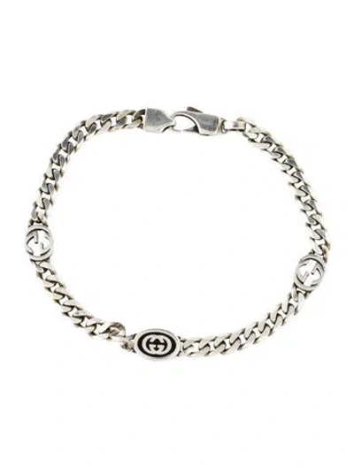 Pre-owned Gucci Enamel Double G Logo Curb Link Chain Bracelet, 6.5" In Black