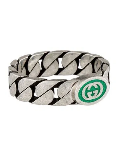 Pre-owned Gucci Enamel Gg Link Ring In Green