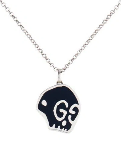 Pre-owned Gucci Enamel Ghost Skull Pendant Necklace, 20" In Black