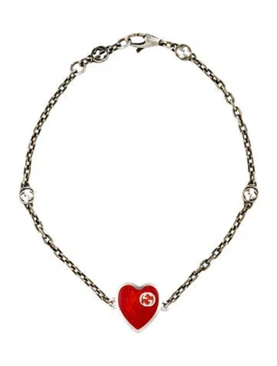 Pre-owned Gucci Enamel Heart Interlocking G Station Bracelet, 8" In Multi