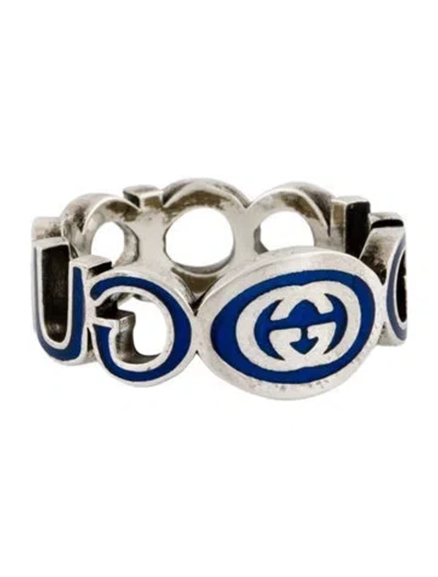 Pre-owned Gucci Enamel Interlocking G Band Ring In Blue