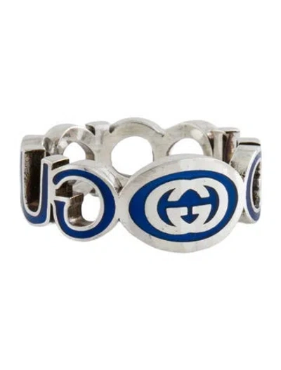 Pre-owned Gucci Enamel Interlocking G Band Ring In Blue