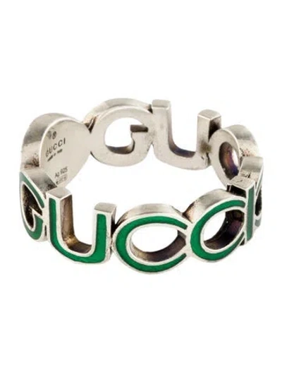 Pre-owned Gucci Enamel Interlocking G Band Ring In Green