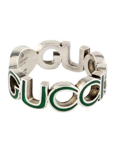 Pre-owned Gucci Enamel Interlocking G Band Ring In Green