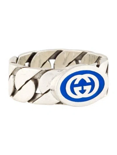 Pre-owned Gucci Enamel Interlocking G Chain Link Ring In Blue