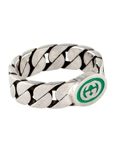 Pre-owned Gucci Enamel Interlocking G Chain Link Ring In Green