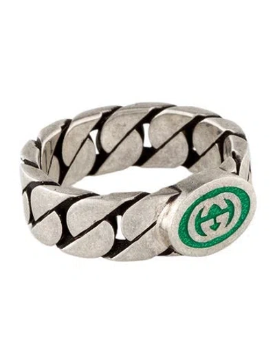 Pre-owned Gucci Enamel Interlocking G Chain Link Ring In Green