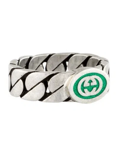 Pre-owned Gucci Enamel Interlocking G Chain Link Ring In Green