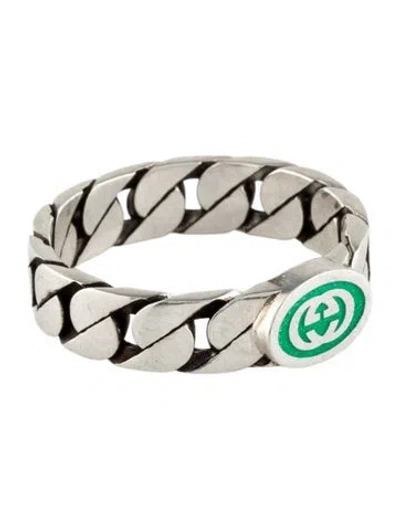 Pre-owned Gucci Enamel Interlocking G Chain Link Ring In Green