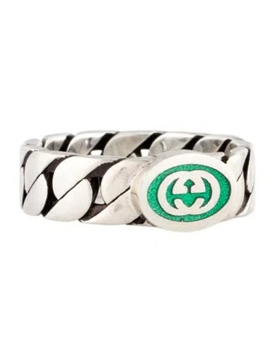 Pre-owned Gucci Enamel Interlocking G Chain Link Ring In Green