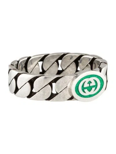 Pre-owned Gucci Enamel Interlocking G Chain Link Ring In Green