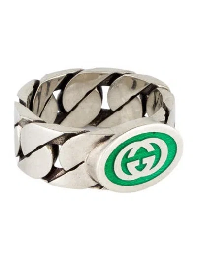 Pre-owned Gucci Enamel Interlocking G Chain Link Ring In Green