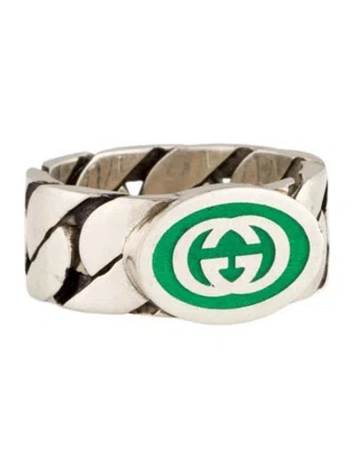 Pre-owned Gucci Enamel Interlocking G Chain Link Ring In Green