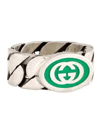 Pre-owned Gucci Enamel Interlocking G Chain Link Ring In Green