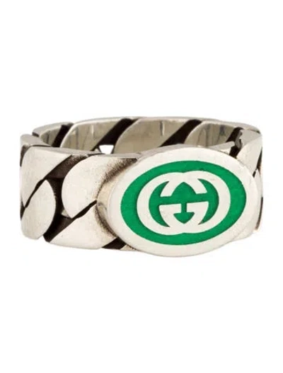Pre-owned Gucci Enamel Interlocking G Chain Link Ring In Green