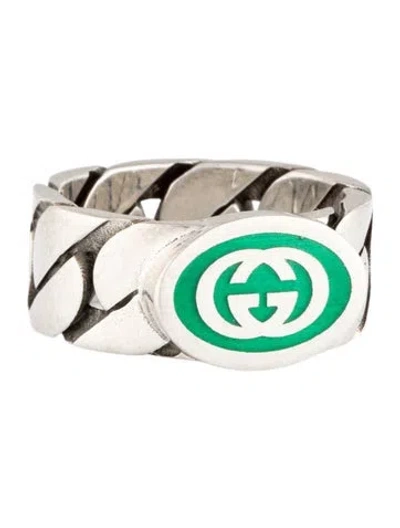 Pre-owned Gucci Enamel Interlocking G Chain Link Ring In Green