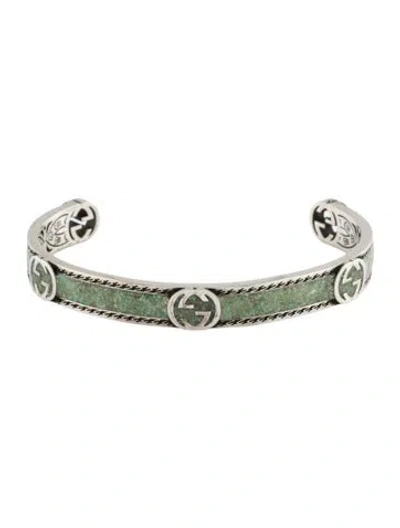 Pre-owned Gucci Enamel Interlocking G Cuff Bracelet, 7" In Green