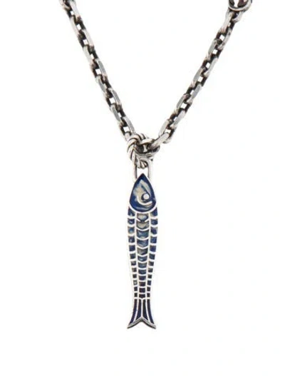 Pre-owned Gucci Enamel Interlocking G Fish Pendant Necklace, 27.5" In Blue/gold