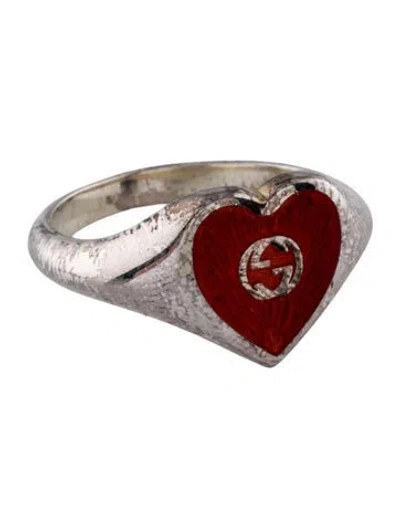 Pre-owned Gucci Enamel Interlocking G Heart Cocktail Ring In Red
