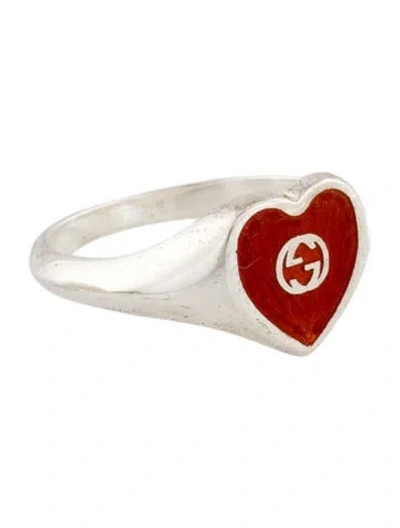 Pre-owned Gucci Enamel Interlocking G Heart Ring In Red