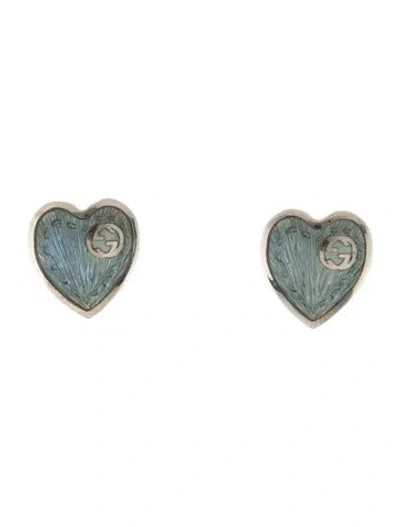 Pre-owned Gucci Enamel Interlocking G Heart Stud Earrings In Blue