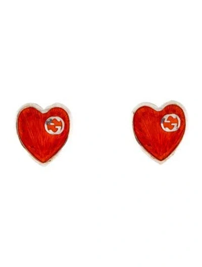 Pre-owned Gucci Enamel Interlocking G Heart Stud Earrings In Red
