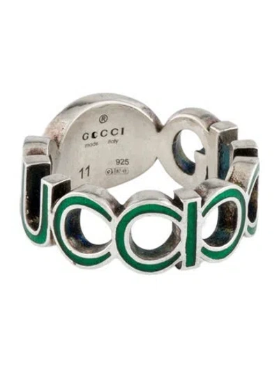 Pre-owned Gucci Enamel Interlocking G Logo Band Ring In Green