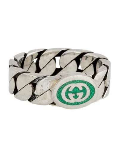 Pre-owned Gucci Enamel Interlocking G Logo Chain Link Ring In Green