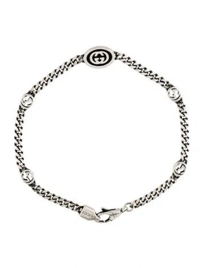 Pre-owned Gucci Enamel Interlocking G Station Bracelet, 6.5" In Black